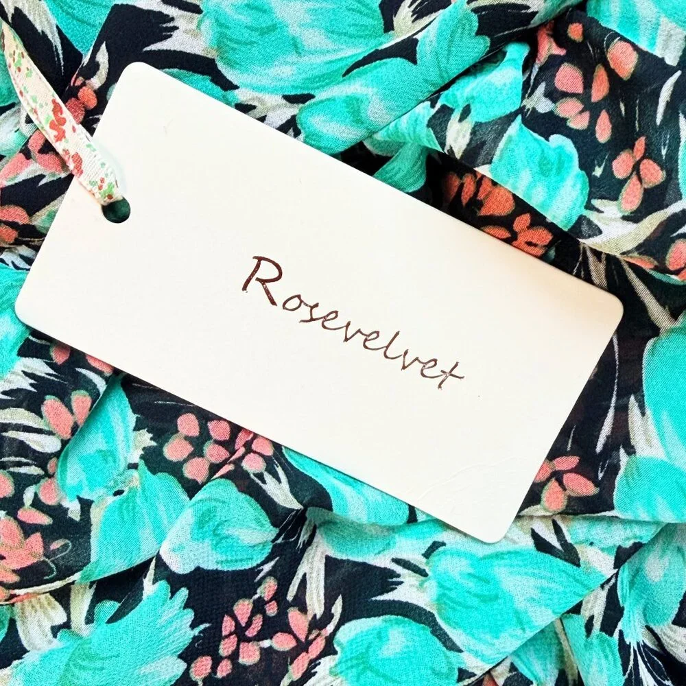 Rosevelvet Floral Cutout Midi Dress Mint Green Puff Sleeve Tie Front Boho Size M - Picture 7 of 9